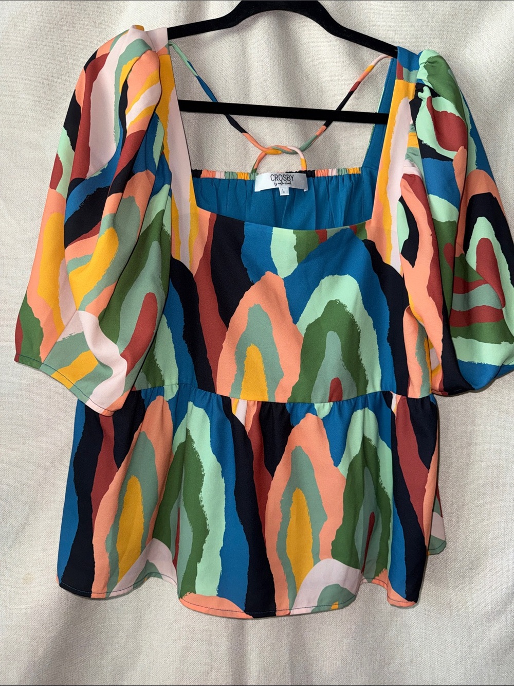 CROSBY by Mollie Burch Abstract Multicolor Puff Sleeve Peplum Top szL
